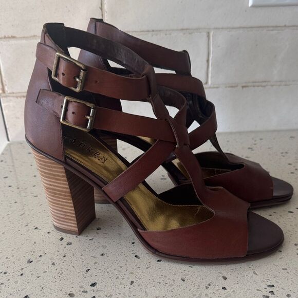 Lauren Ralph Lauren Octavia Brown Strappy Block Heel Sandals Open Toe Size 10 - Picture 1 of 12